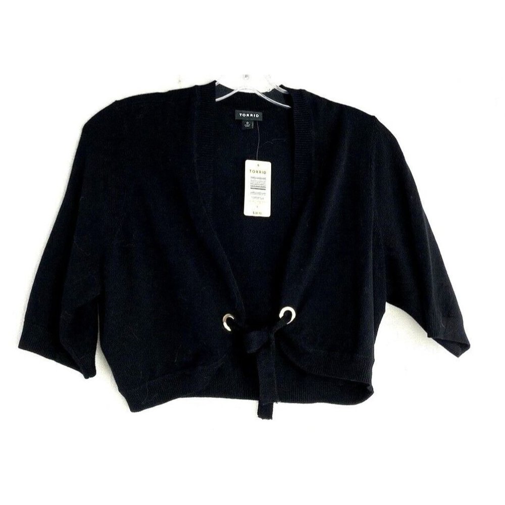 Torrid Short Crop Sweater Cardigan Shrug Black Sz:0(XL)  Grommet Front Tie NWT